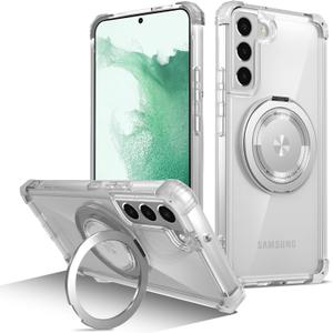 Golden Shield Rotation 360 Gegrees Mobile Phone Holder Case for Samsung Galaxy S22 Plus, [Support Wireless Charging] Slim Shockproof Protective Phone Cover Cases, Transparent