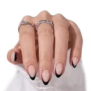 BTArtbox French Tip Press On Nails, Almond, Supremely Fit, Natural, Reusable Short Glue/Stick On Nails for Women Gift in 16 Sizes, Black French, 32 Fake Nails Kit