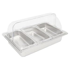 DUTTIETY Countertop Food Serving Display Container Stainless Steel Food Serving Container with Clear Roll Top Cover Condiment Dispenser Display Rack for Restaurant Hotel Kitchen Buffet 3 Pan