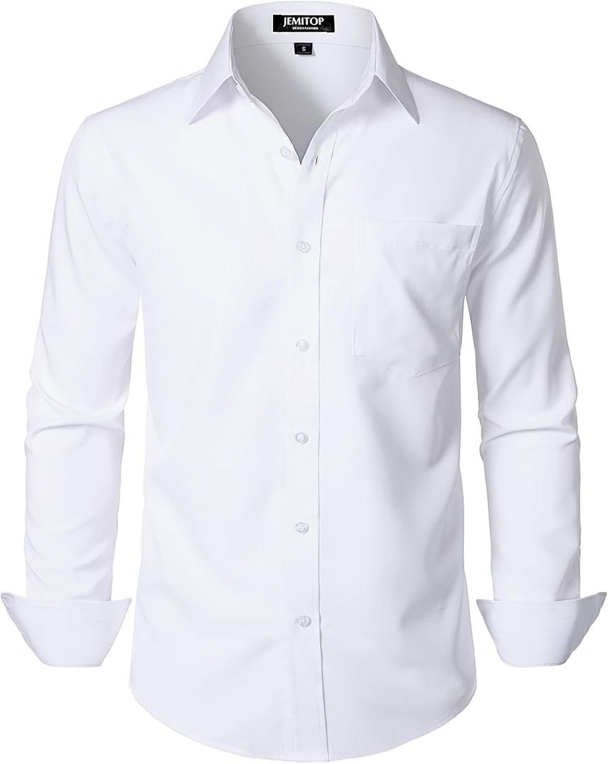 JEMITOP Men's Stretch Regular Fit Long Sleeve Dress Shirts Lightweight Business Casual Button Down Shirts with Pocket (White) S