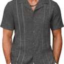 COOFANDY Guayabera Shirts for Men Cuban Short Sleeve Button Down Summer Shirts Linen Shirts (Gray, L)