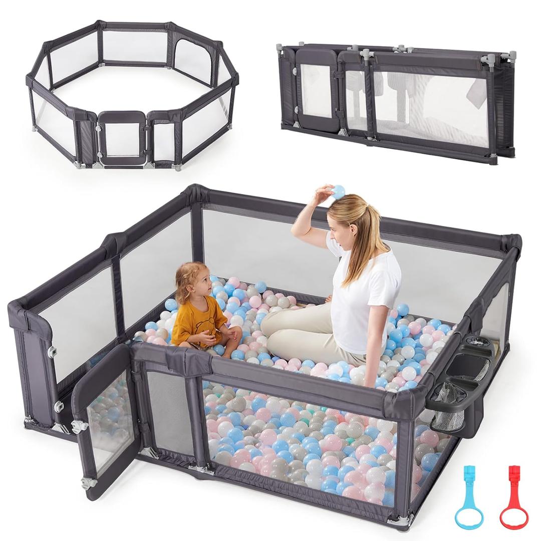 Sweeby Foldable Baby Playpen, Baby Gate Playpens for Babies and Toddlers 79x71 Extra Large Play Yard with Door Fence with Mat and Indoor Play Pen,Dark Grey