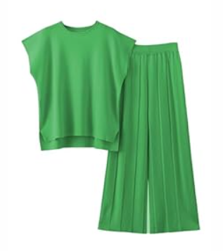 Women Knit 2 Piece Sweater Sets Pullover Tops High Waist Wide Leg Pants Lounge Set (XS, Green)