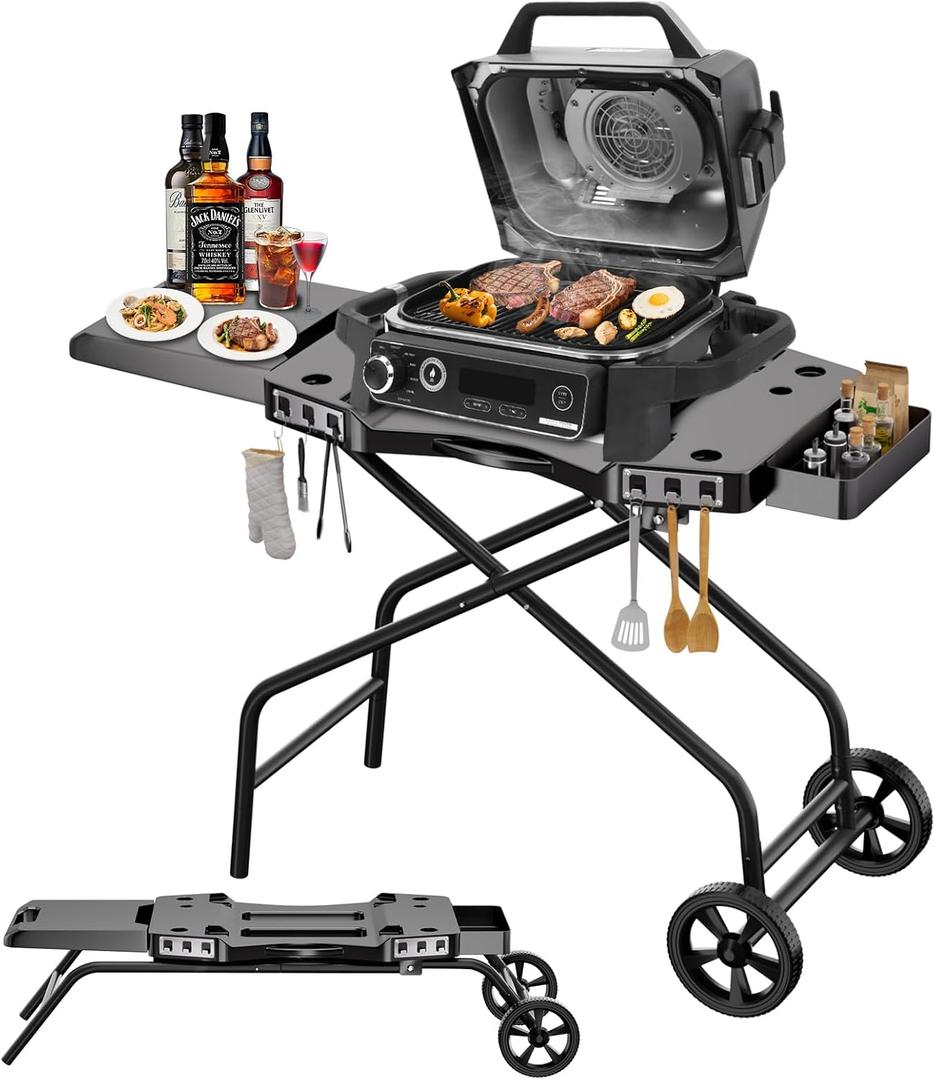GRISUN Foldable Grill Table Stand for Ninja Woodfire Outdoor GrillOG700/701/751), Portable Camping Table for Blackstone 22", Portable BBQ Stand with 2 Wheels, Side Table & Storage Basket