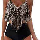 SUUKSESS Women Ruffle High Waisted Tankini Swimsuits Tummy Control Bathing Suit (Medium, 98 Black Leopard)