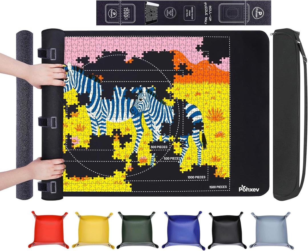 Pohxev Rubber Puzzle Mat Roll UpJigsaw Saver Pad Matt Rollup 46" x 26" Up to 1500 1000 500 Pieces, Upgraded Travel Storage Bag with 6 Sorting Trays Portable Keeper with Non-Slip Bottom.
