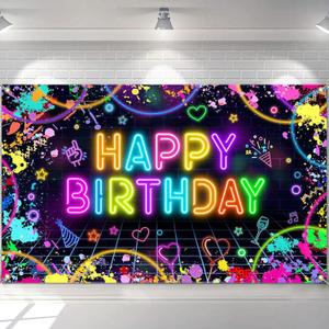 Mocsicka Neon Birthday Backdrop Banner Glow in The Dark Neon Birthday Party Decorations Glow Graffiti Splatter Photography Background Glow Crazy Photo Booth Props