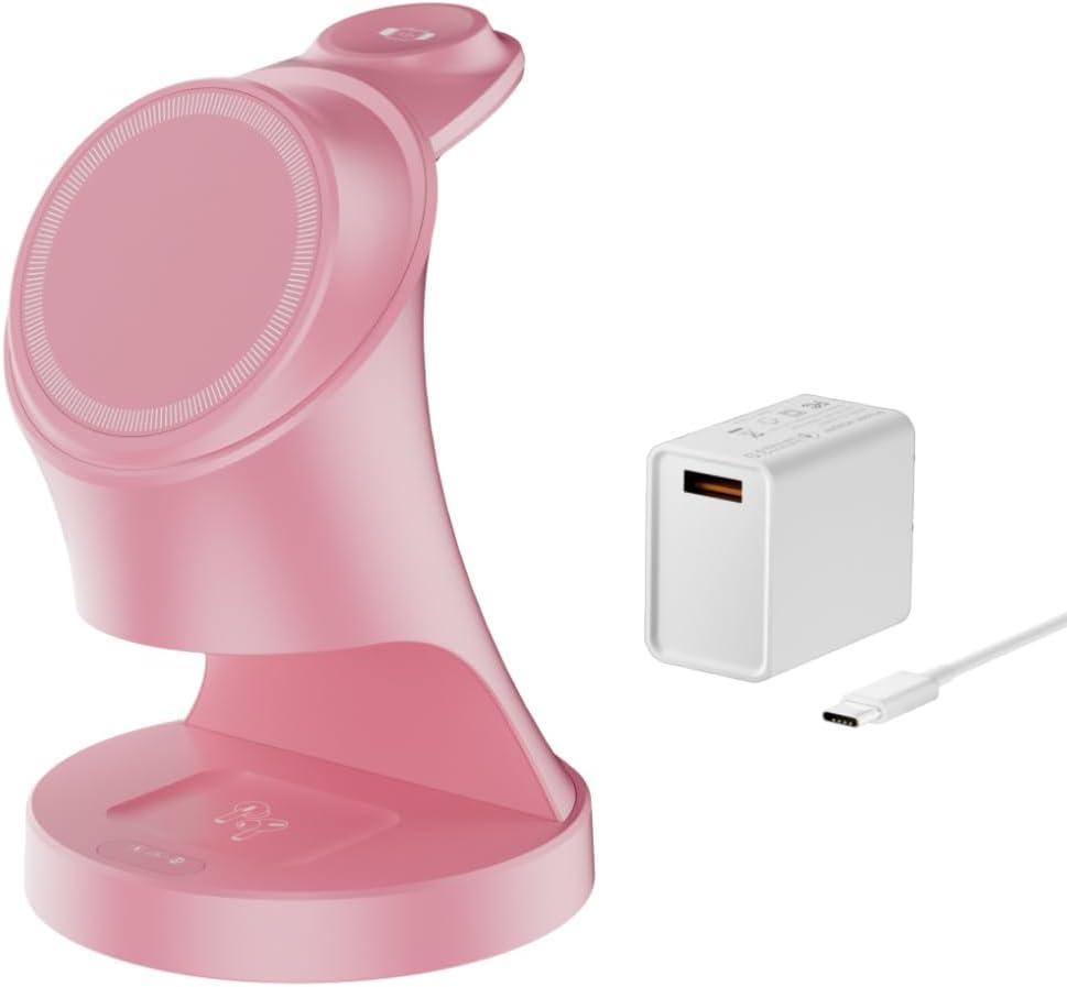 Wireless Charger,3 in 1 Magnetic Wireless Charger Stand, Fast Wireless Charging Dock for iPhone 17/16/15/14/13/12 Series, Apple Watch Series, AirPods Pro. (Pink)