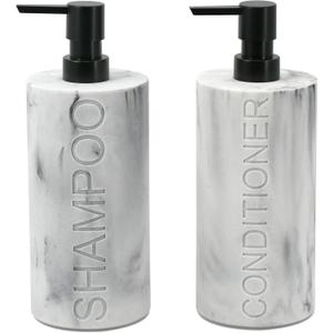 Marble Resin 2 Piece Shampoo and Conditioner Dispenser Set, Luxurious Refillable Pump Bottles with Matte Pump Top and Embossed Text, Durable Design for Bathroom and Shower