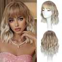 iAelev Ombre Blonde Curly Bob Wig with Bangs Short Wavy Wigs for Women Bob Style Synthetic for Everyday Hairstyle 12 Inch wig for Daily Party Use