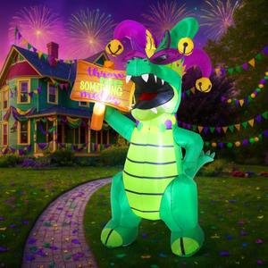 Leyndo 8ft Huge Mardi Gras Alligator Inflatable Mardi Gras Inflatable Outdoor Decoration Crocodile with Crown Mask Necklace LED Lights Blow up for Yard Garden Lawn Carnival Outdoor Celebration Decor