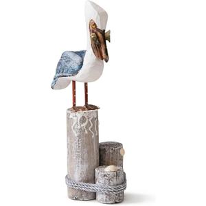 Nautical Pelican Statue - Handcrafted Wooden Bird Figurine for Coastal Home & Bathroom Decor, Vintage Beach Theme Art Sculpture, Rustic Outdoor Garden Decorations, Wood Carving Fish Statue