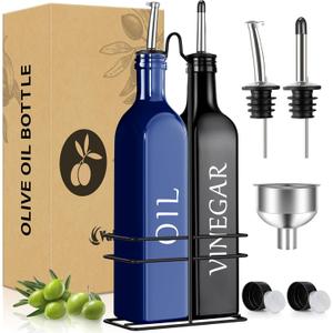 Vakoo Oil Dispenser for Kitchen - 17oz/500ml, Extra Thick Glass, Leak Proof, Vinegar and Olive Oil Dispenser Bottle Set (Blue Black)