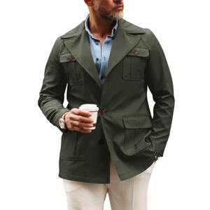 Pretifeel Mens Lightweight Safari Jacket Casual Military Button Up Multi-Pocket Cargo Coat Outwear, XL
