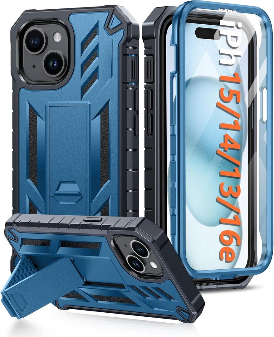 FNTCASE for iPhone 15 Case: for iPhone 14 Case & iPhone 13 Case [Built-in Screen Protector & Kickstand] [Military Grade Drop Protection] Heavy Duty Full Protective Shockproof TPU Phone Cover - Blue