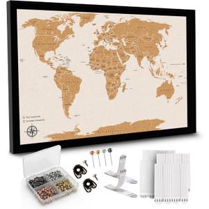 Large Push Pin World Travel Map  30" x 20" Framed Cork Board Wall Art, Modern World Map with 200 Unique Pins for Tracking Adventures, A Premium Gift for Travelers, Couples and Families