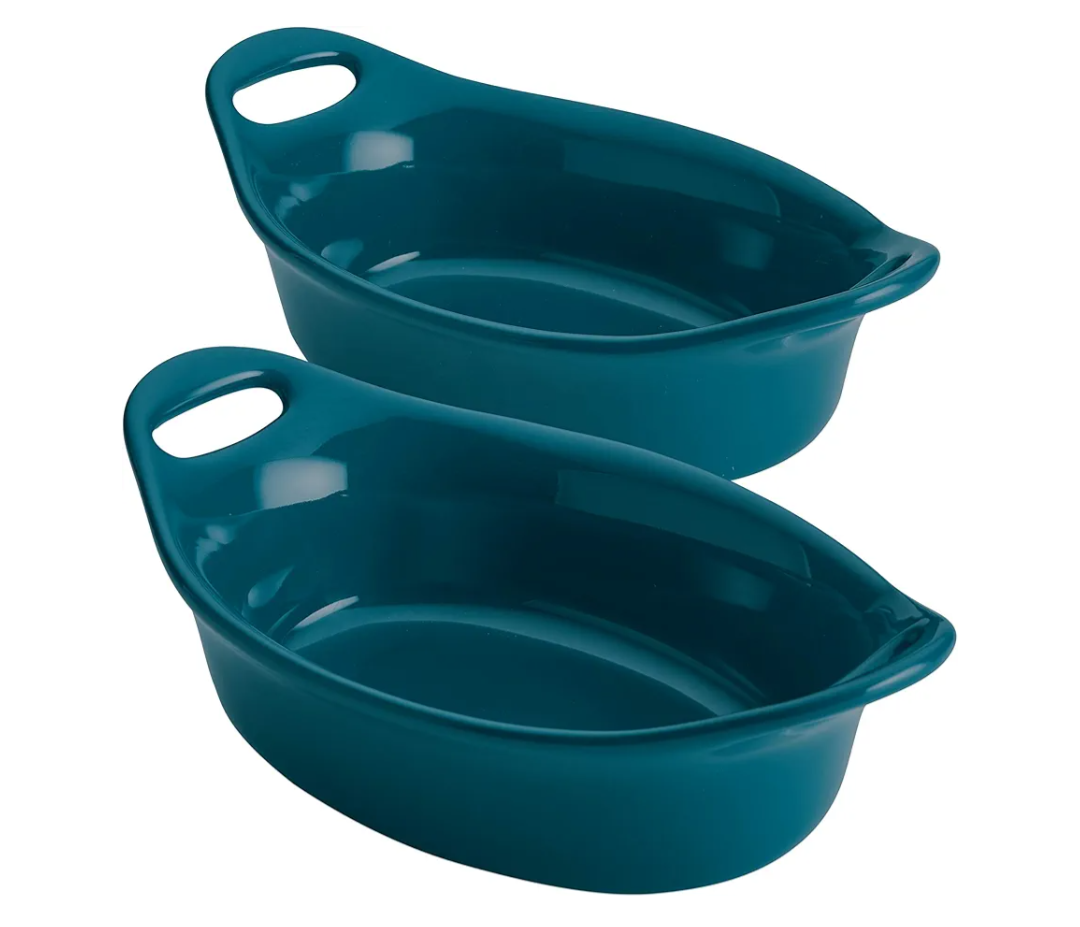Rachael Ray Solid Glaze Ceramics Au Gratin Bakeware / Baker Set, Oval - 2 Piece, Teal