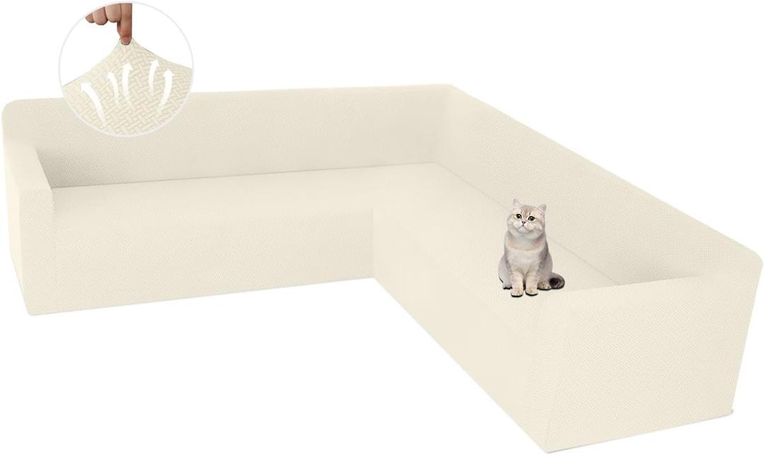 ALIECOM Stretch Corner Sectional Couch Covers L Shape Sofa Covers Washable Sectional Slipcovers U Shape Jacquard Living Room Pet Dogs Furniture Protector with Elastic Bottom (Beige, X-Large)