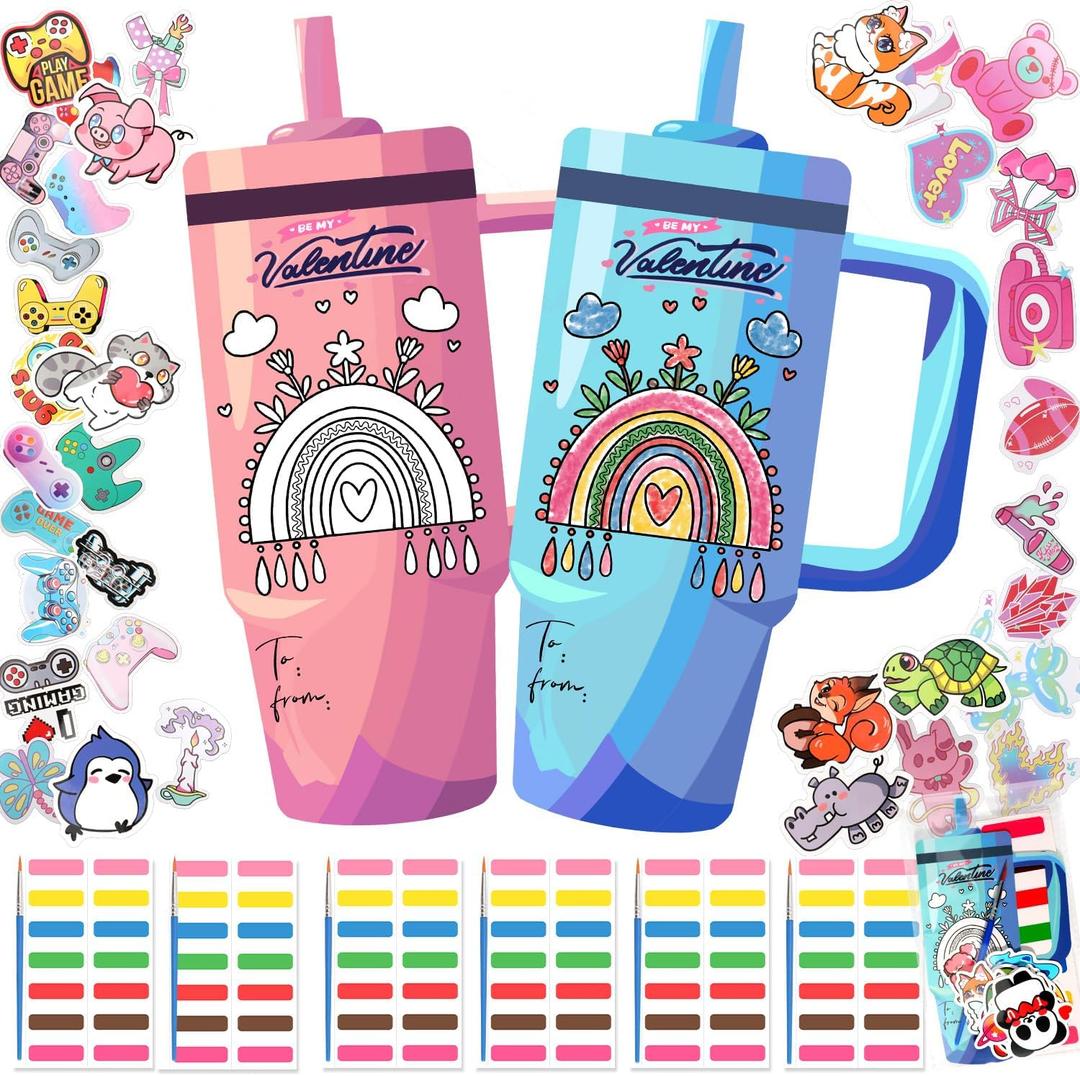 Valentines Day Gifts Watercolor Paint Set Painting for Kids, 24 Pack Valentine's Day Cards with Stickers Watercolor Paint, DIY Rainbow Greeting for Classroom Prizes School Gift Exchange Party Favors