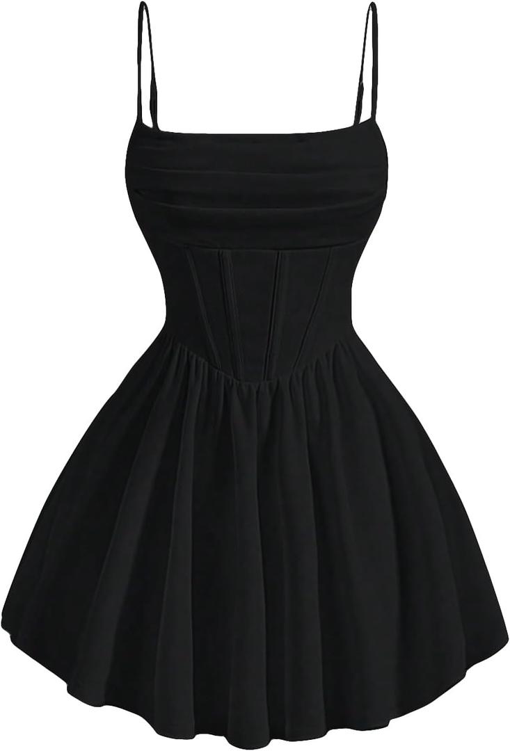 SHENHE Women's Ruched Corset Dress Spaghetti Strap Fit and Flare Flowy Skater Mini Cami Dress (Large, Black)