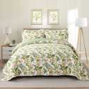NEWLAKE Cotton Bedspread Quilt Sets - Reversible Patchwork Coverlet Set, Green/Pink Floral Pattern, Queen Size