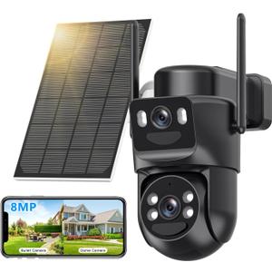 4K Solar Security Cameras Wireless Outdoor Battery Powered, 5GHz & 2.4GHz Dual Lens Bullet & 360PTZ Linkage Outdoor Security Camera with Solar Panel, 8X Digital Zoom, Color Night Vision (Black)