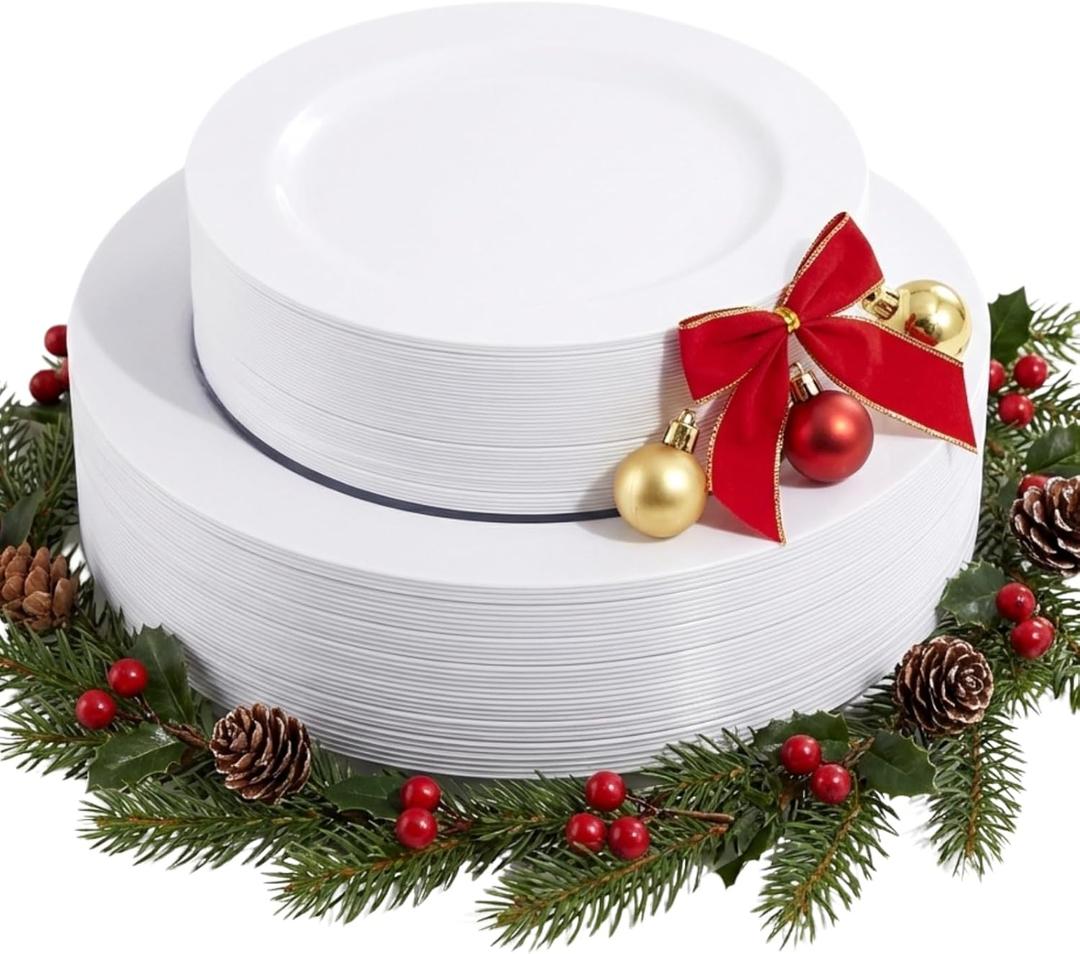 FLOWERCAT 60PCS White Plastic Plates - Heavy Duty White Disposable Plates for Christmas/New Year Party/Wedding -serve for 30 guests Include 30PCS 10.25" & 30PCS 7.5" Plates for Party