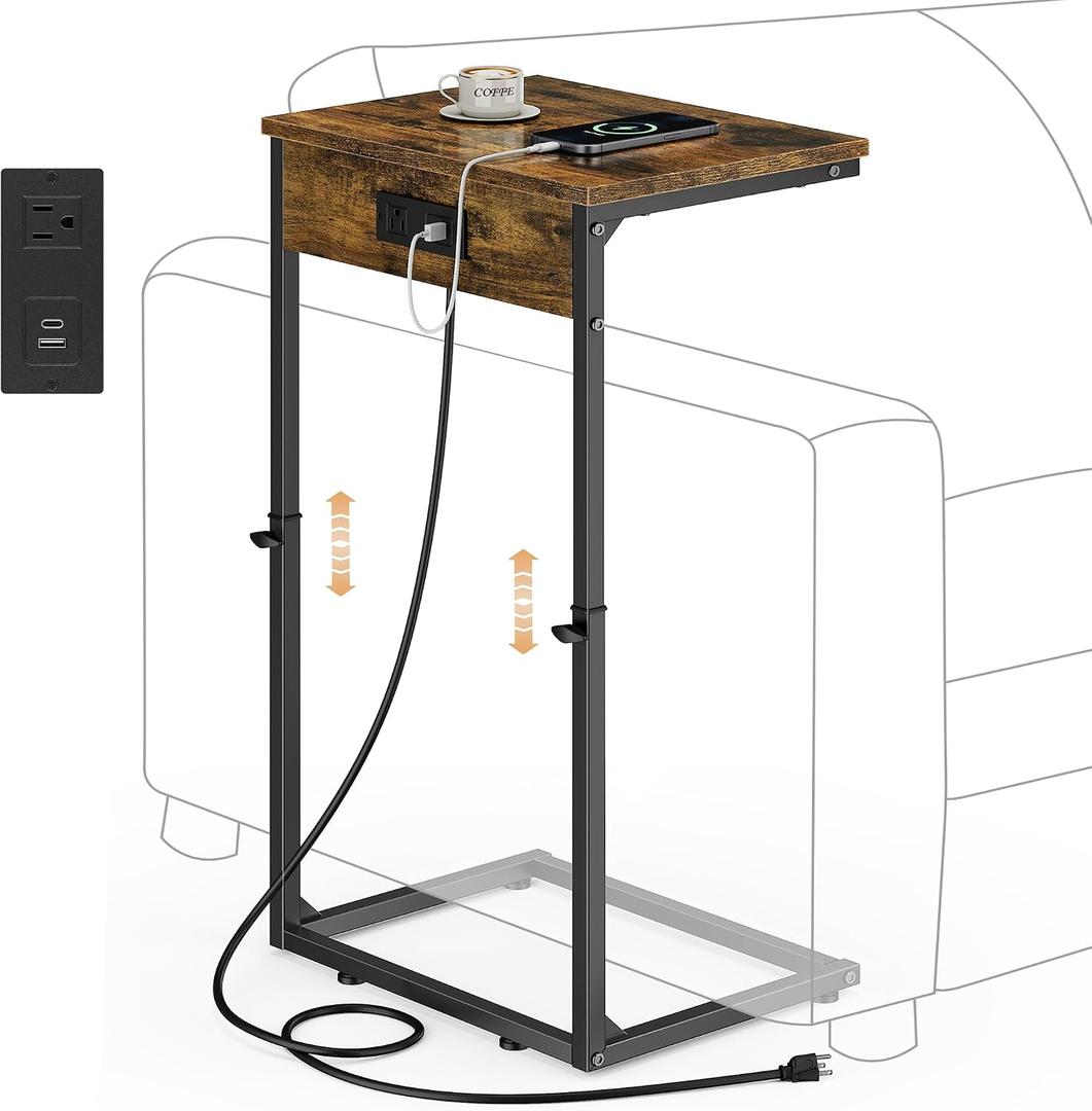 C Shaped End Table with Charging Station, Adjustable Height Side Table for Couch, Small Side Table, 33.2'' Tall Couch Tables that Slide Under, Tv Tray End Table for Living Room, Rustic Brown, 15.92''L x 11.86''W x 20.35-33.2"H