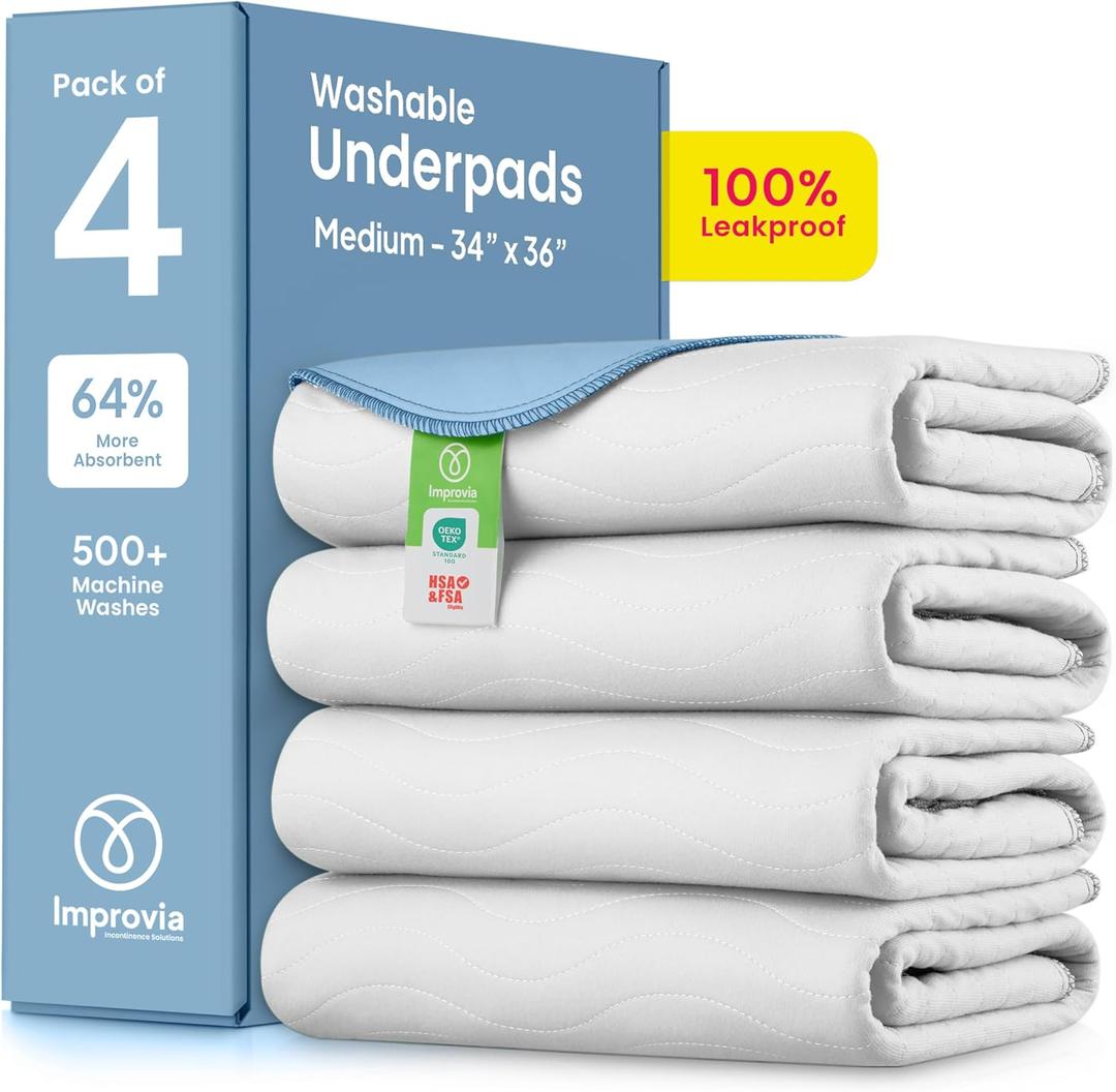 IMPROVIA Washable Underpads, Heavy Absorbency Reusable Incontinence Pads for Kids, Adults, Elderly, and Pets - Waterproof Protection Floor (White & Blue, 4 Pack - 34"x36")