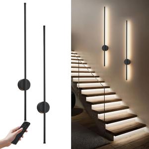 Motion Sensor Battery Operated Wall Sconce Set of Two - Modern Rechargeable Wireless Wall Lights with Remote Control, Dimmable, 3000K/4000K/6000K, Timer for Living Room, Hallway, Black, 39.3 Inch