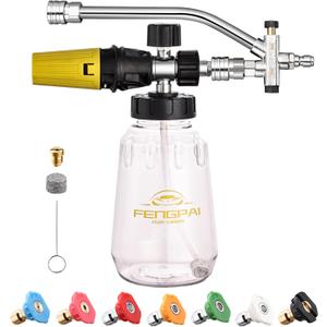 FENG PAI Foam Cannon for Pressure Washer with Dual-connector Accessory, 7 Power Washer Sprayer Nozzles, 1/4" Quick Connect Double Tip Attachment Soap Bottle Sprayer Soap, 3600 PSI (Clear)