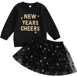 Toddler Baby Girl Christmas Outfit Deer Print Crewneck Sweatshirt Long Sleeve Shirt with Tulle Tutu Skirt Sets 2Pcs (3-4T, Black)