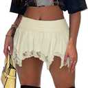 Women's Lace Short Skirt Sexy Y2K Solid Low Waist Patchwork Flowy Ruffle Pleated Mini Skirts Streetwear (Yellow, XS)
