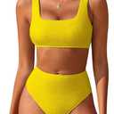 ANRABESS Women’ Two Piece Bikini Sets， High Waist Square Neck Swimsuits ，Ribbed Textured Comfy Bathing Suits，Beach Swim Wear, S