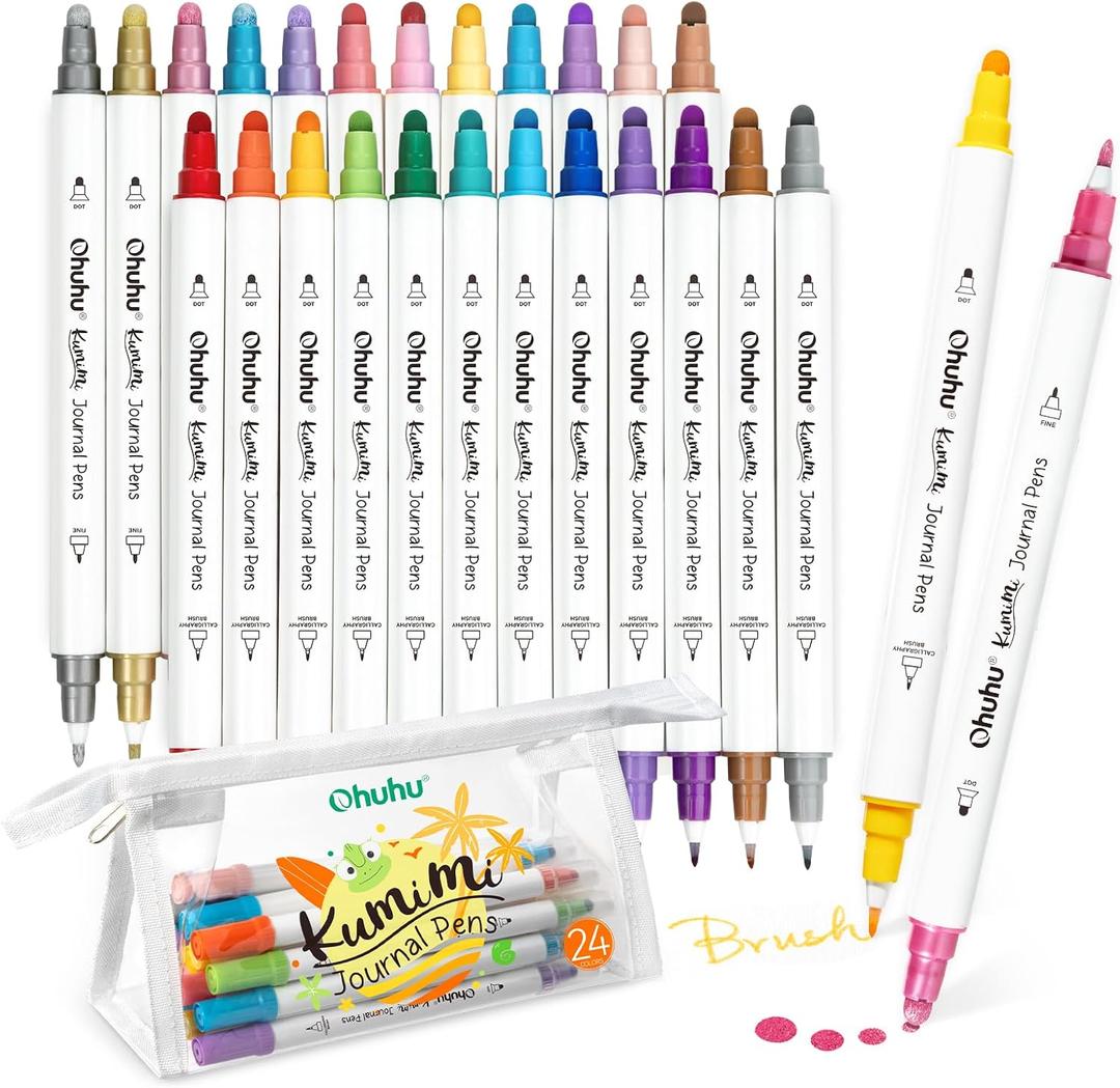 Ohuhu Journal Pens 24 Colors Dot Markers Dual Tips (Calligraphy Brush & Dot) for Adults Water-based Metallic & Regular Colors Dot Pens for Lettering Journal Scrapbooking Coloring Markers - Kumimi