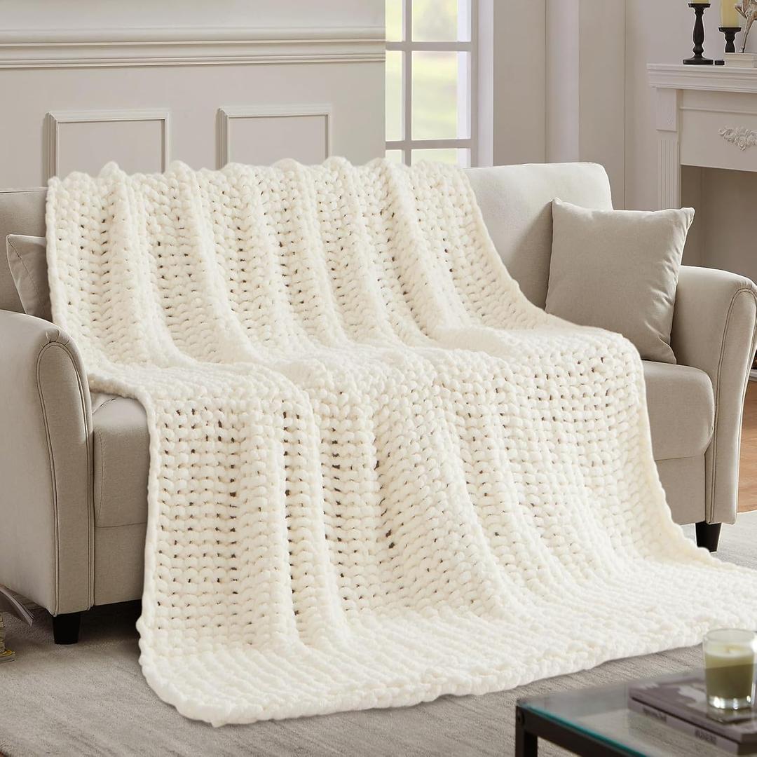 YJLMLY Chunky Knit Throw Blanket,60x80 Inch Heavy 6.8lbs, Hand Knit Chenille Couch Blanket, Soft Cable Knit Gift for Women Mom Wife, Modern Home Decor