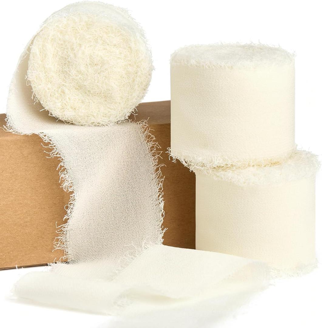 Ivory Chiffon Ribbon 1.5 Inch x 21 Yards Handmade Fringe Cream White Chiffon Silk Ribbon for Gift Wrapping Wedding Invitations Bridal Bouquets Crafts Home Decor