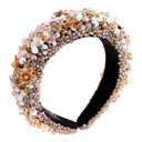 Crystal Padded Headband for Women Handmade Pink Acrylic Beaded Headband Boho Small Flower Embellished Hair Band Black Velvet Hair Hoop (pink headband)