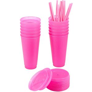 12Pcs Plastic Straw Cups Reusable Glitter Tumbler with Lid 710ml Large Capacity Drinking Cup Safe Fashion Water Bottle Creative Beverage Mug for Party Office Coffee Juice Smoothies ZHAZHAMO (Rose Red)