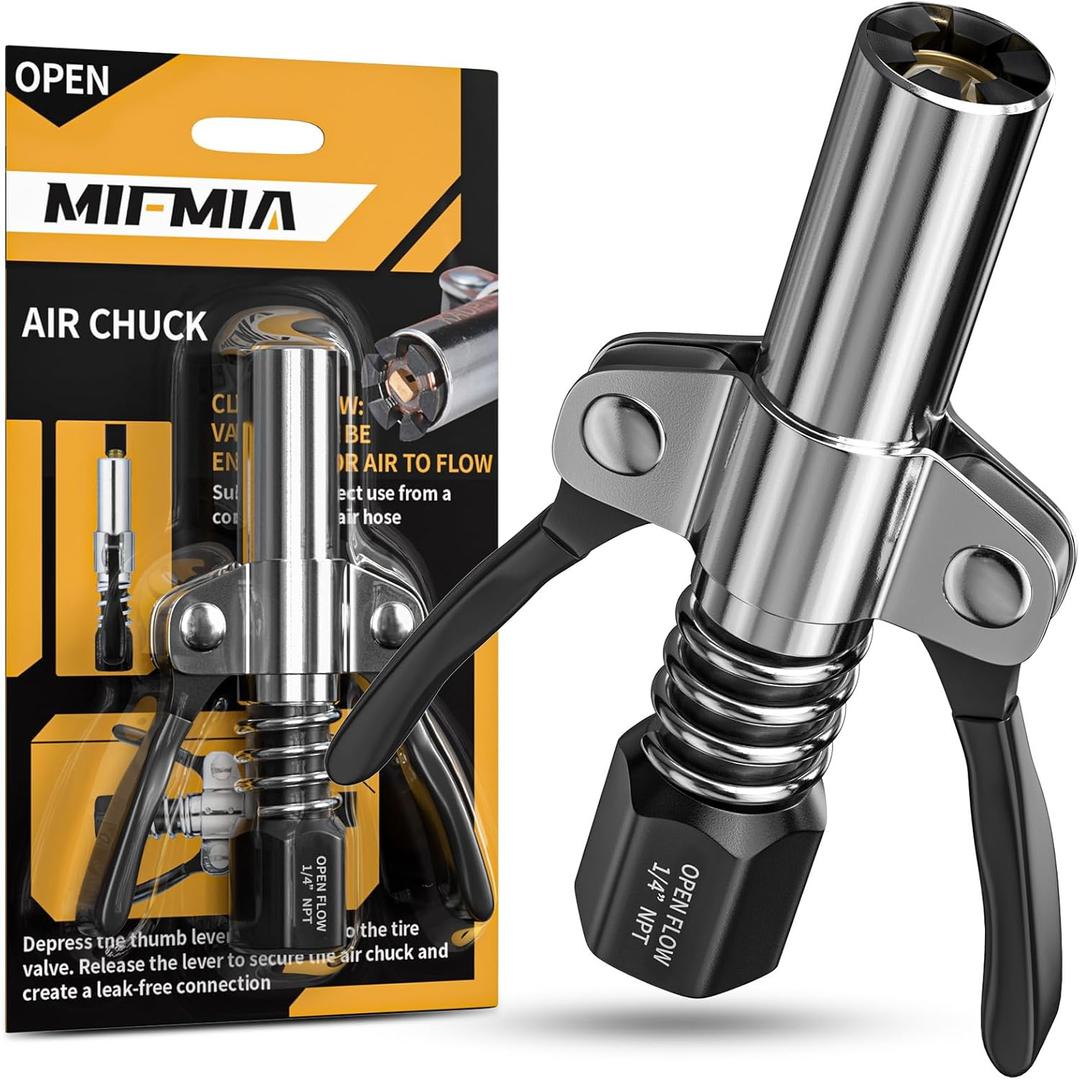 Locking Air Chuck, Heavy Duty Open Flow with Six Steel Jaws, Locks onto Any Tire Valve, No Leaks or Pop-Offs, Rated to 150 PSI - Open Flow