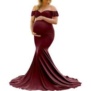 Saslax Off Shoulder Ruffle Sleeves Elegant Fitted Maxi Maternity Dress for Photoshoot Baby Shower, Medium