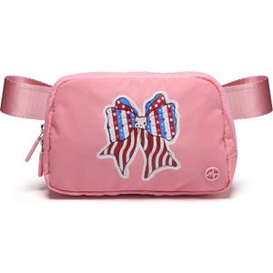 Pander 1L Printed Belt Bag for Women, Nylon Crossbody with Adjustable Strap, 2-Way Zipper, 3 Inner Mesh Pockets, Red Blue White Graphic Style, Pink Bow, Small