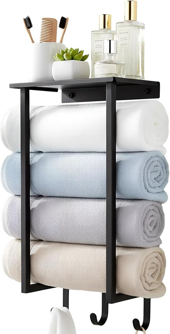 Towel Racks for Bathroom, Bathroom Towel Rack Wall Mounted with Metal Shelf and 3 Hooks for Small Bathroom, Black