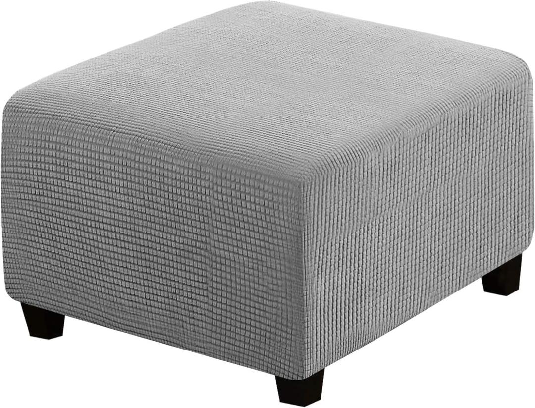 H.VERSAILTEX Square Ottoman Covers Ottoman Slipcovers Folding Storage Stool Furniture Protector Form Fit with Elastic Bottom, Stretch High Spandex Small Checks Jacquard Fabric(Large,Dove)