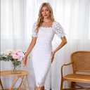 Cololura Elegant Sexy Floral Lace Short Sleeve Off Shoulder Evening Gown Party Formal Bodycon Midi Dress (White, M)