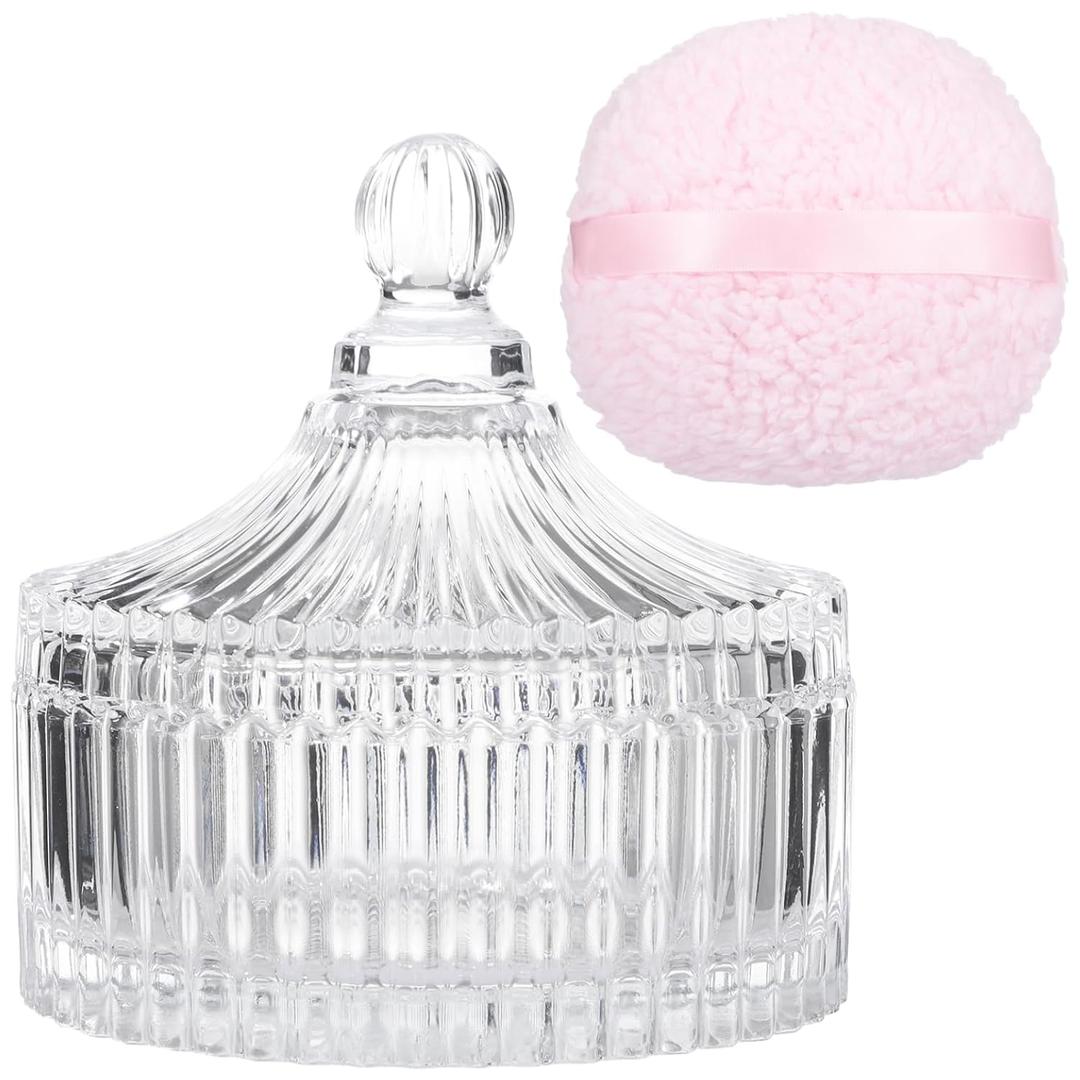 2 PCS Glass Powder Puff Container Set, Decorative Jars with Lid, Large Powder Puffs, Ideal for Adult Body Application