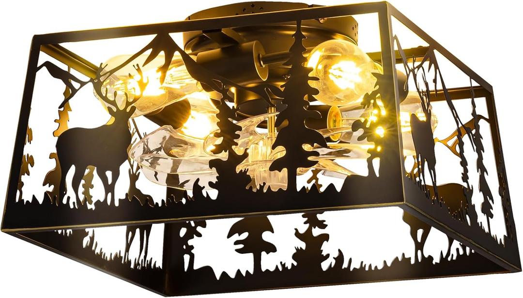 Farmhouse Caged Ceiling Fans with Lights and Remote Control,Rustic Black Chandelier Fan with Deer Design Square,Flush Mount Low Profile Fandelier for Bedroom,Dining Living Room,Foyer (D22.2 inch)