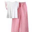 WDIRARA Girl's Plaid Gingham Outfit 2 Piece Bow Cap Sleeve Tee Wide Leg Pants Set Cute Clothing Sets Pink 9Y (Red, M)
