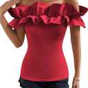 OYOANGLE Women's Ruffle Trim Off Shoulder Short Sleeve Blouse Party Tops Shirt (Red, M)