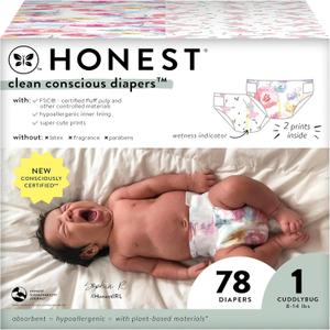 The Honest Company Clean Conscious Diapers for Sensitive Skin | Hypoallergenic, Fragrance Free | Girl Prints | Club Box, Size 1 (8-14 lbs), 78 Count (Size 1 (78 Count), Rose Blossom + Tutu Cute)